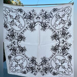 White silk twill scarf with Henna Skulls & Cannabis leaf print.